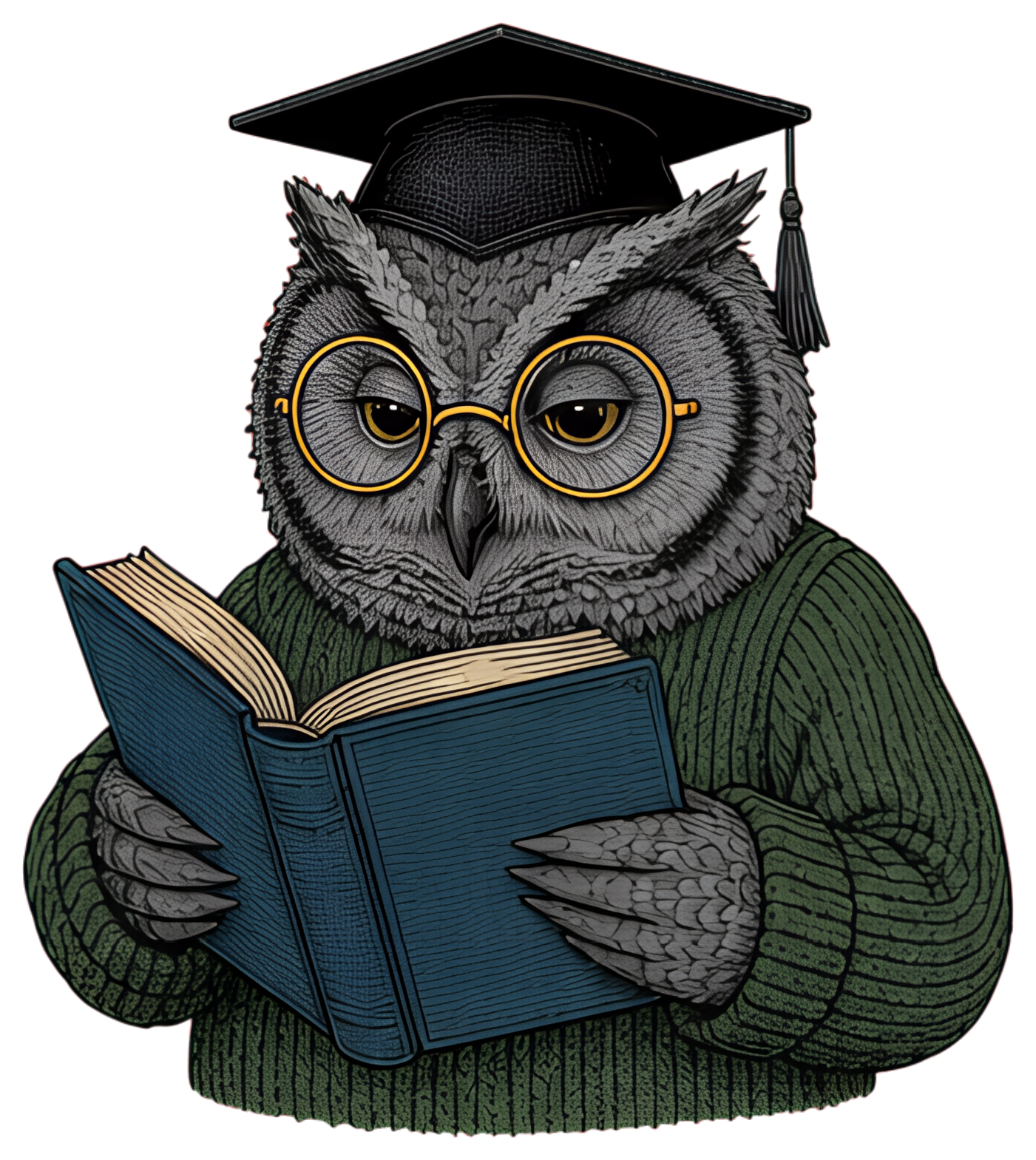 A wise owl wearing round glasses and a tiny graduation cap holds an open book, dressed in a green sweater. The owl's detailed feathers are a mix of grey and brown, contrasting against the deep green.