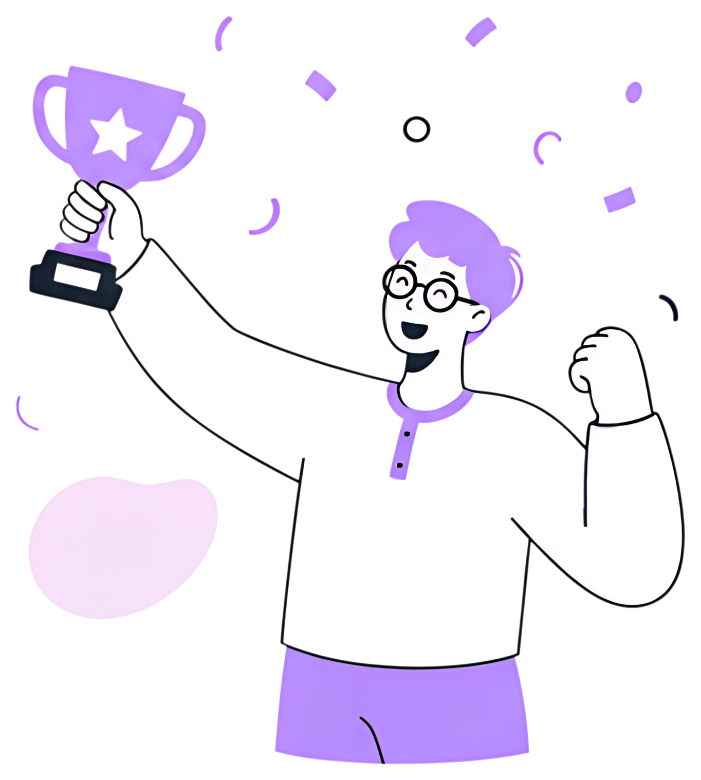 A cheerful freelancer with glasses celebrates project completion by holding a trophy high, surrounded by colorful confetti. The character wears a black and purple outfit, exuding a sense of joy and a