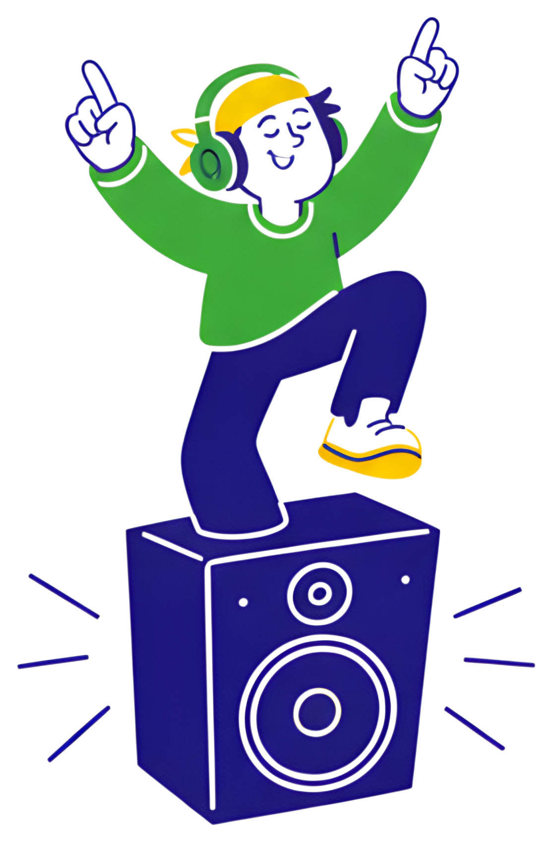 A cheerful character wearing headphones is dancing atop a giant speaker with arms raised in excitement. The character has a bright green shirt, and the speaker is a deep blue with a vibrant yellow and