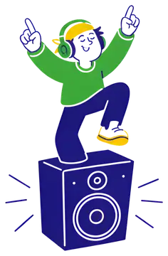 Joyful character dancing on speaker