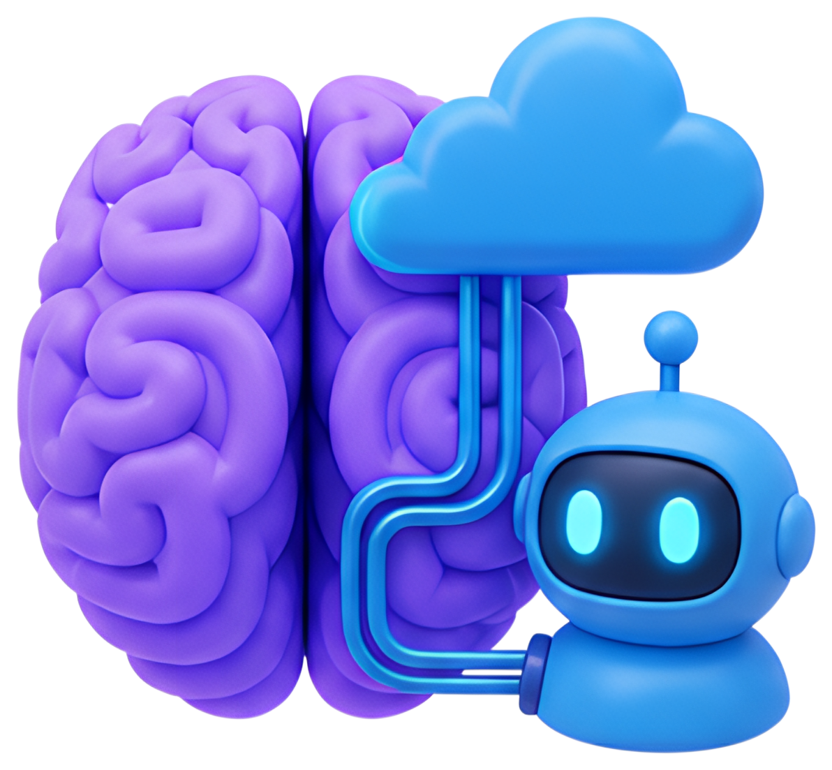 A vibrant 3D brain illustration in purple with a blue cloud and a small blue AI assistant floating beside it. The brain features smooth, rounded contours, while the robotic assistant has a friendly, w
