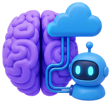 3D Brain Icon with Cloud and AI Assistant
