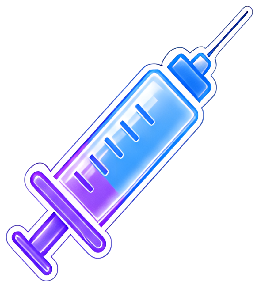 A stylized syringe filled with a gradient of blue and purple liquid. The syringe features clear measurement markings and a blue plunger, depicted with a glowing outline for a modern look.