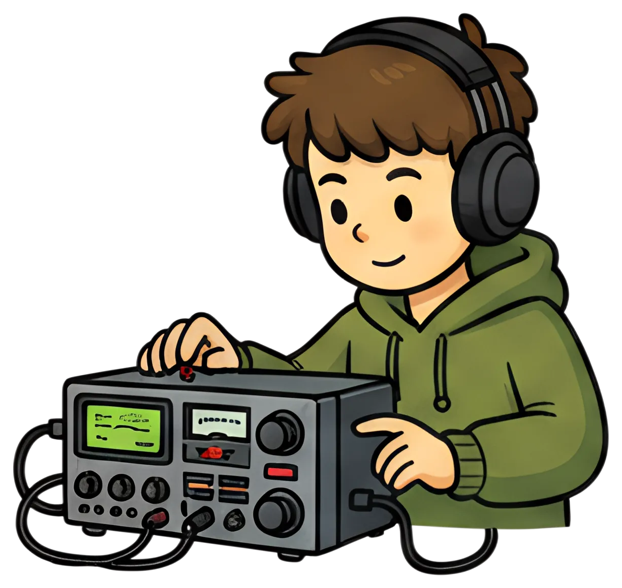 A young radio enthusiast in headphones adjusts frequencies on a transceiver. The character has short brown hair and wears a green hoodie, while focused on the equipment which features a digital screen