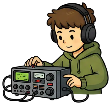 Young radio amateur tuning a transceiver