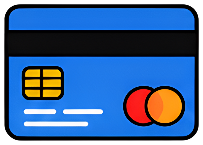 A blue credit card displaying a yellow chip, a black magnetic strip, and two overlapping circular logos in red and orange. The card features white indicators for cardholder information.
