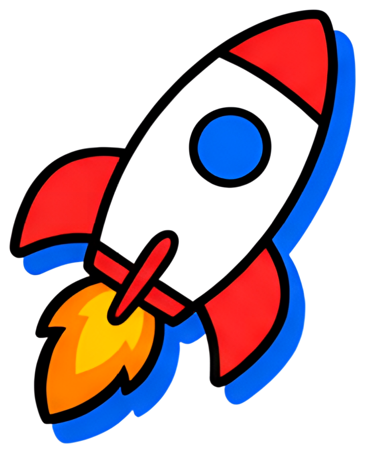 A colorful cartoon rocket with a bright red top and tail, black body, and blue accents. It's launching with a vibrant orange flame at its base, conveying a dynamic motion.