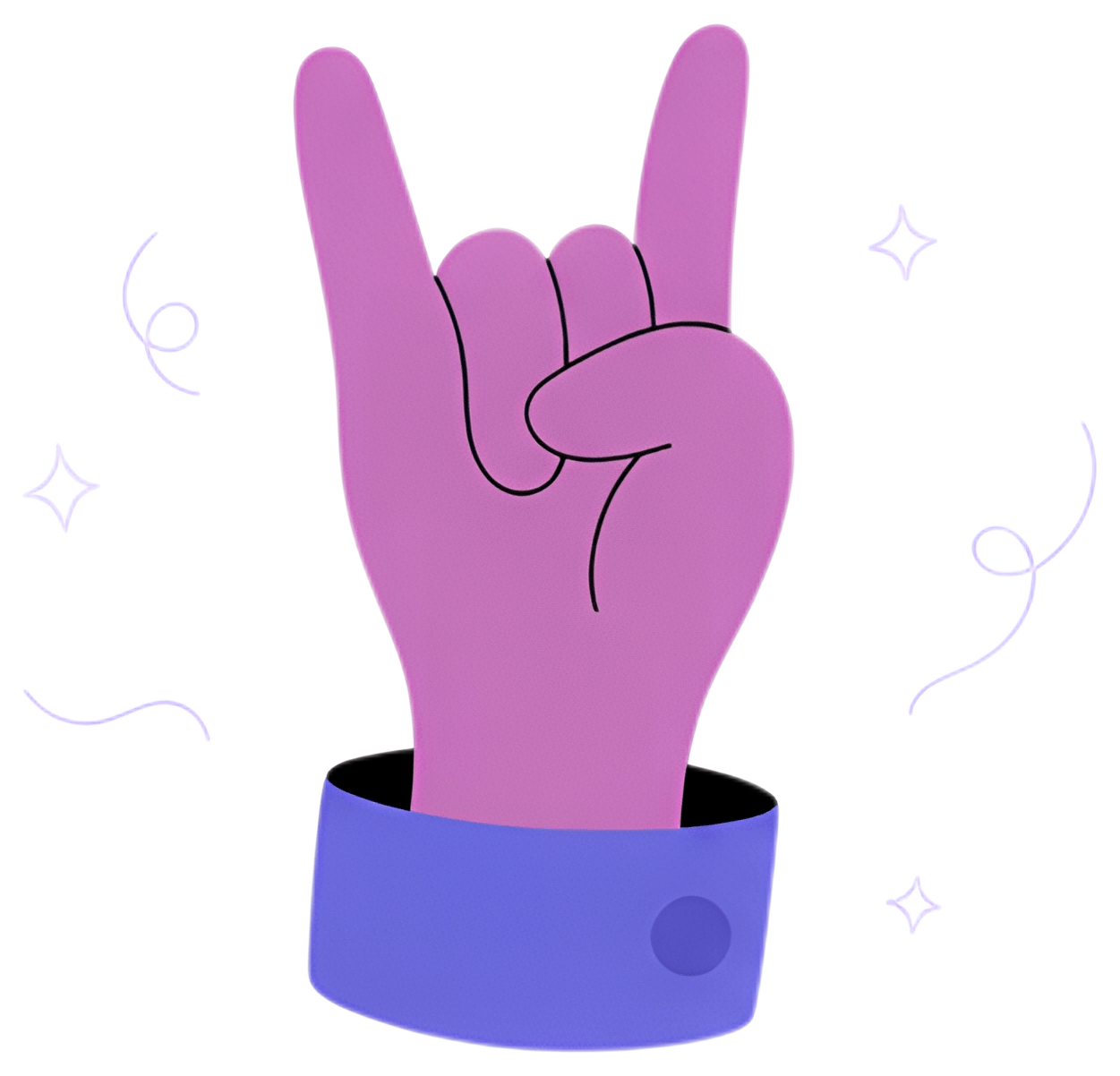 A vibrant purple hand is raised in the 'rock on' gesture, with the index finger and pinky extended while the other fingers are curled in. The hand emerges from a blue sleeve, surrounded by playful sws