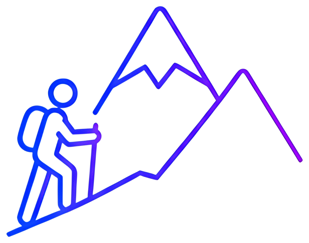 A minimalist outline of a hiker with a backpack, using a walking stick, ascending a stylized mountain range. The illustration features vibrant blue and purple colors, depicting the mountain peaks in a