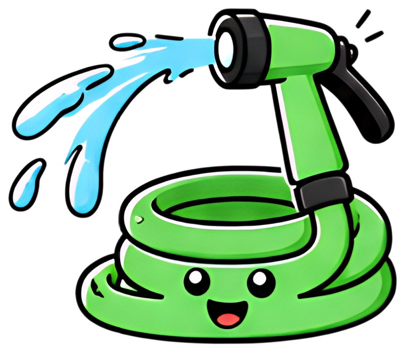 A cheerful green garden hose is wrapped into a spiral shape, topped with a black spray nozzle releasing a bright blue stream of water. The hose features a happy face, adding a playful character to the