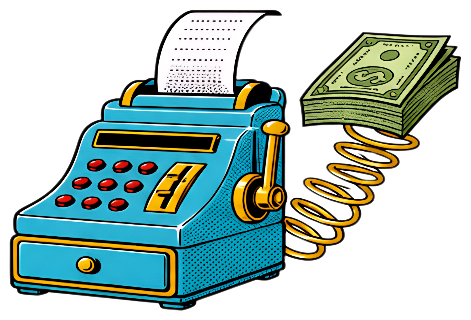 A vibrant retro cash register features a printed receipt shooting out of the top, while a coil springs forth a stack of green bills. The color scheme includes bright blue, red buttons, and yellow trim