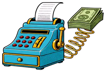 A vibrant retro cash register features a printed receipt shooting out of the top, while a coil springs forth a stack of green bills. The color scheme includes bright blue, red buttons, and yellow trim