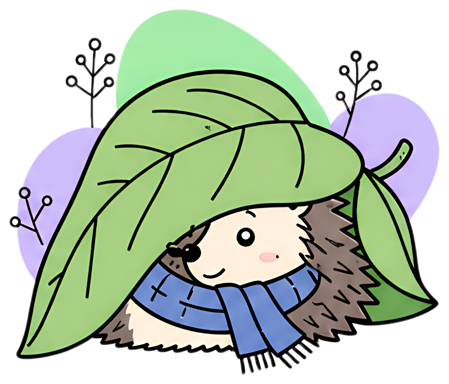 A cute hedgehog is peeking out from beneath a large green leaf, with only one eye visible. It wears a tiny blue scarf, adding a whimsical touch to the scene, surrounded by soft pastel background hues.