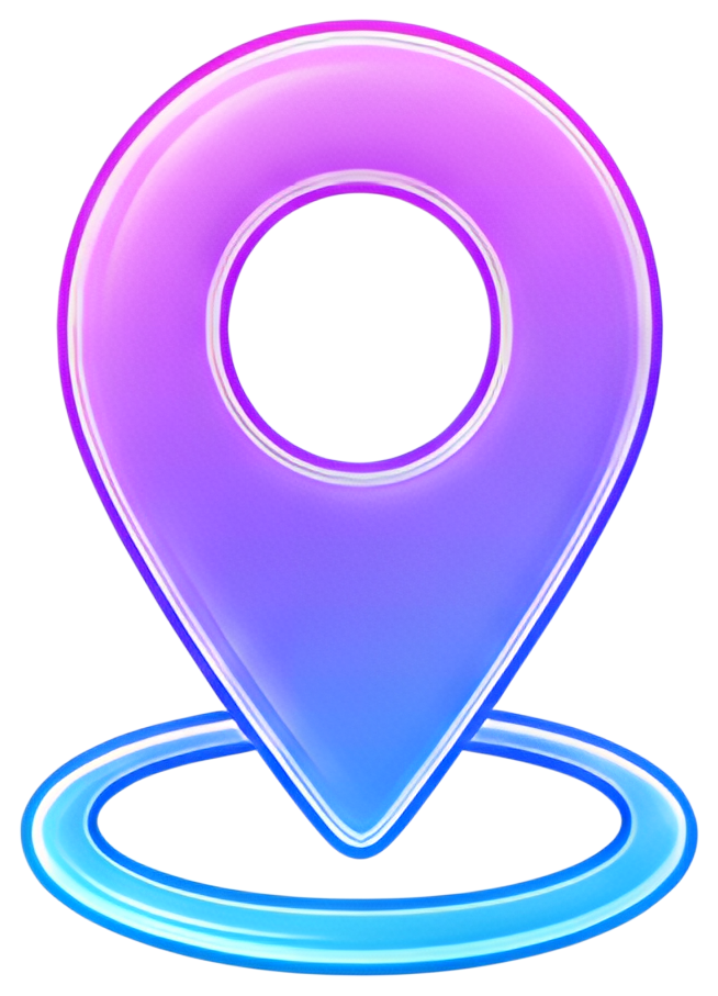 A glossy and vibrant map pin icon in purple and blue shades, featuring a circular hole at its center and set upon a light blue circular base. The design has a smooth, glossy appearance, blending from紫