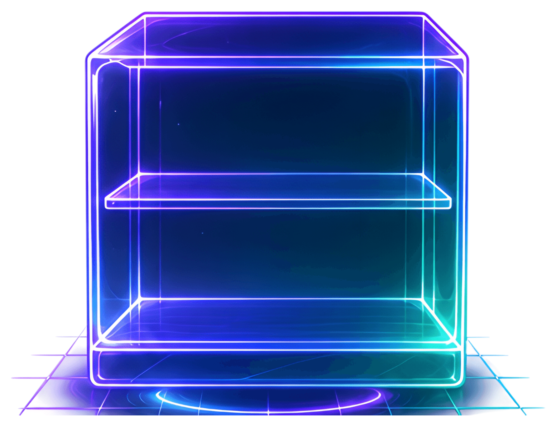 A futuristic display case with a transparent design. It features vibrant teal and purple neon outlines, with two shelves visible but empty, set against a dark background, creating an ethereal, ghostly