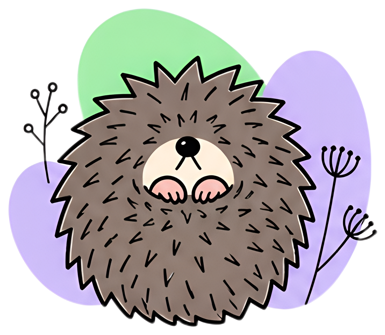 A whimsical hedgehog is curled into a tight ball, showing only its nose and paws, with its spines forming a fluffy sphere. Soft pastel colors in the background enhance its adorable appearance, giving 