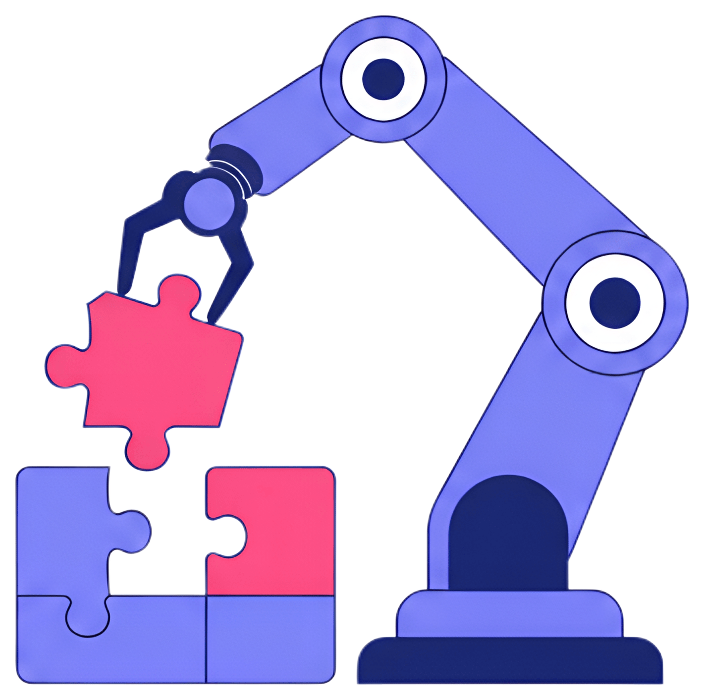 A robot arm is reaching out to place a bright red puzzle piece into a partially completed blue puzzle on a clean background. The robotic hand features circular joints and a sleek design, symbolizing a