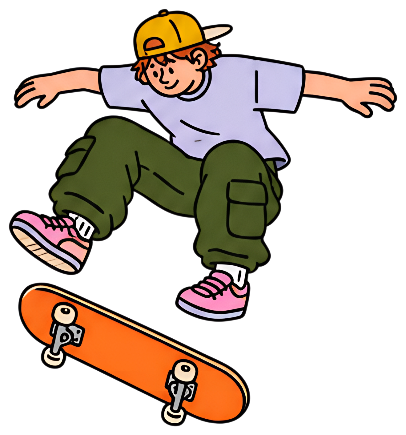A skateboarder is captured mid-air executing a kickflip, wearing baggy green cargo pants and a yellow cap. His pink sneakers contrast with the vibrant orange skateboard beneath him, showcasing an art,