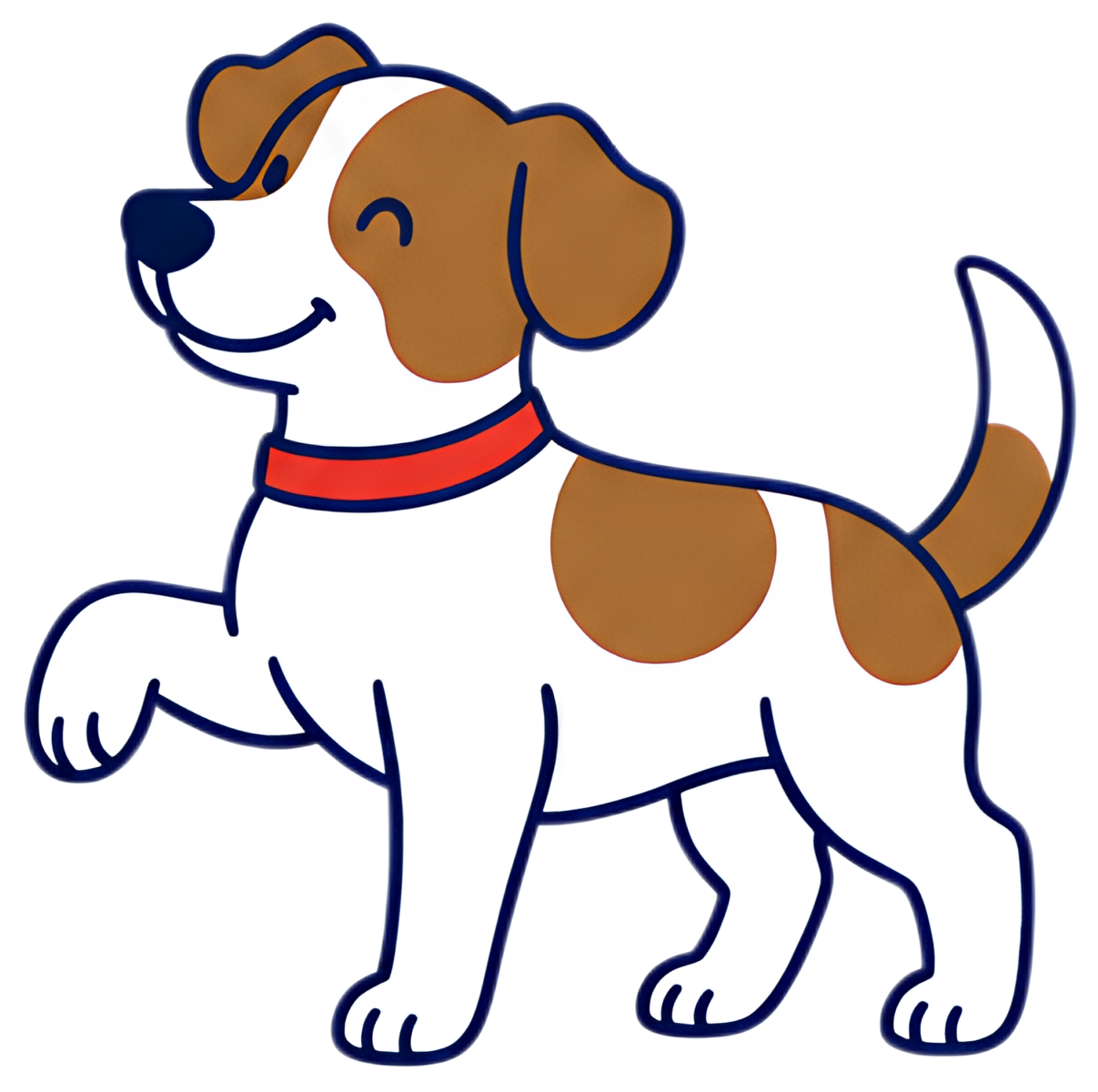 A playful brown and white spotted dog holds one paw raised, wearing a bright red collar. The dog's expression is cheerful, with its eyes squinted in a happy smile, highlighting its friendly demeanor.