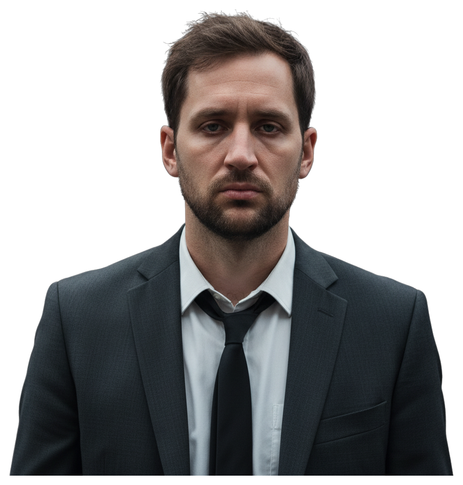 A businessman stands with a tired posture and an exhausted expression, featuring subtle shadows under the eyes. His muted professional attire includes a dark suit and a loosened tie, creating a stark,