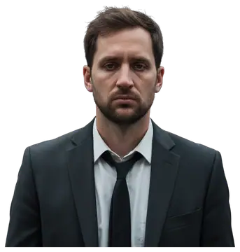 A businessman stands with a tired posture and an exhausted expression, featuring subtle shadows under the eyes. His muted professional attire includes a dark suit and a loosened tie, creating a stark,