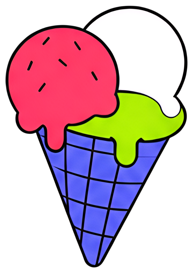 A vibrant cartoon depiction of an ice cream cone featuring two scoops, one strawberry pink and one vanilla white, with green melting ice cream on top. The cone is outlined in black with a checkered, w