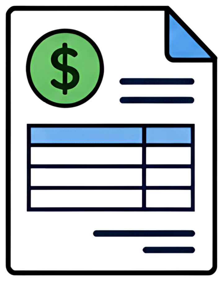 An illustrated invoice document featuring a prominent green dollar sign at the top. The layout includes blue sections for itemized listings and a black background, providing a modern and clean design.