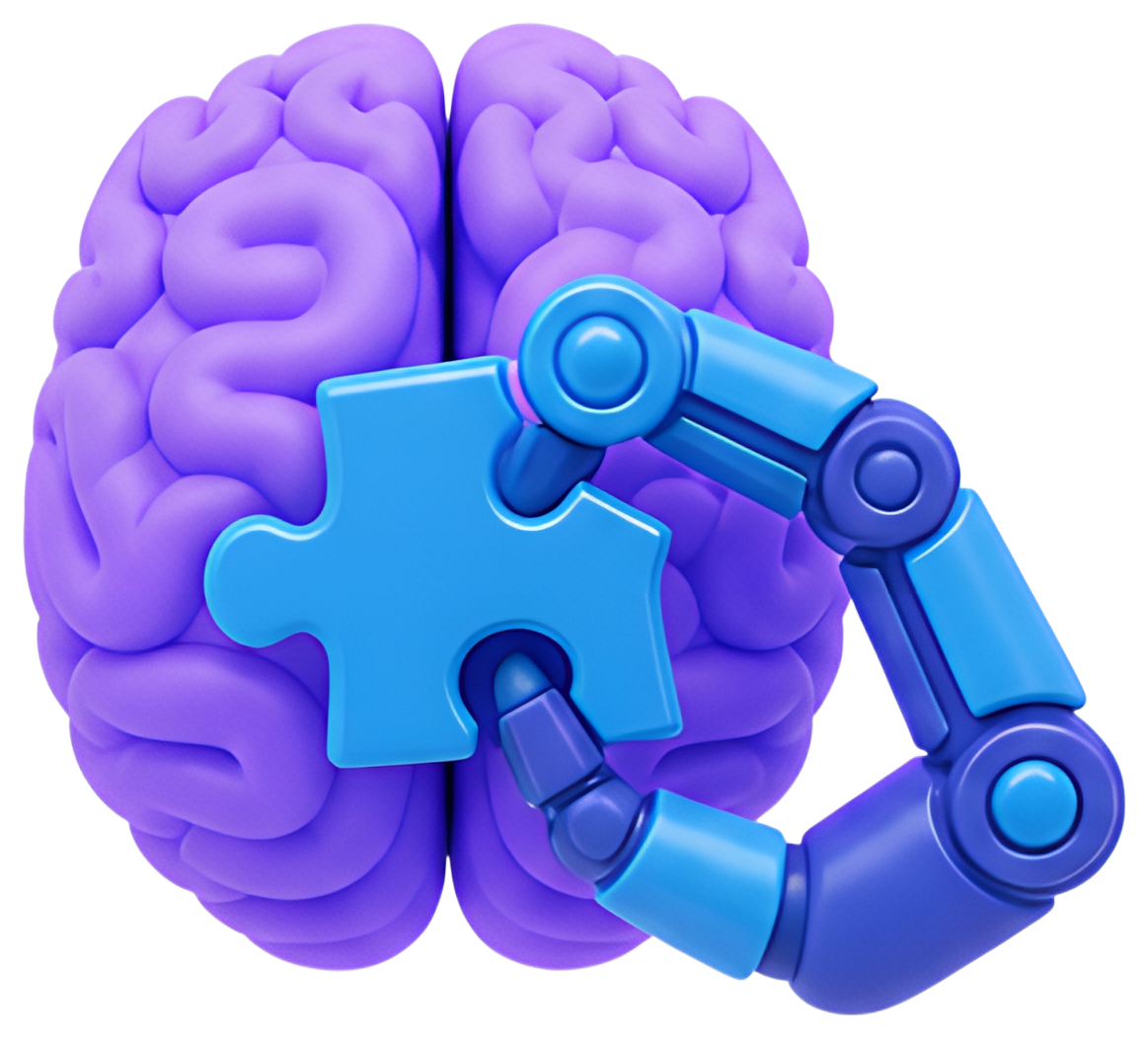A vibrant 3D illustration featuring a purple human brain with intricate details, complemented by a blue robotic hand grasping a blue puzzle piece. The composition highlights the interaction between AI