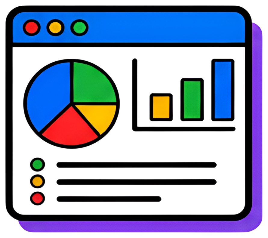A vibrant dashboard displaying a pie chart with red, yellow, green, and blue segments, alongside bar graphs in multiple colors. Labeled buttons in green, orange, and red are featured below the charts,