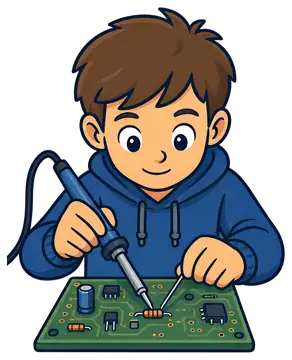 A young boy with short brown hair is focused on soldering a resistor onto a green circuit board, wearing a blue hoodie. Soldering tools and various electronic components are visible on the board, with