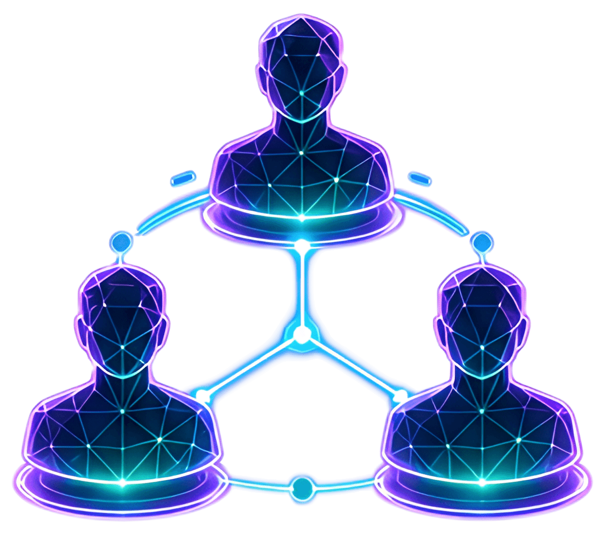 Three stylized human silhouettes are interconnected with glowing lines and nodes, creating a vibrant representation of collaboration and teamwork. The figures are filled with a geometric pattern, radi