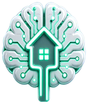 A glowing white neon brain composed of AI circuit patterns with a house symbol at the center. The 3D design features vivid green accents, emphasizing technological themes against a transparent backing