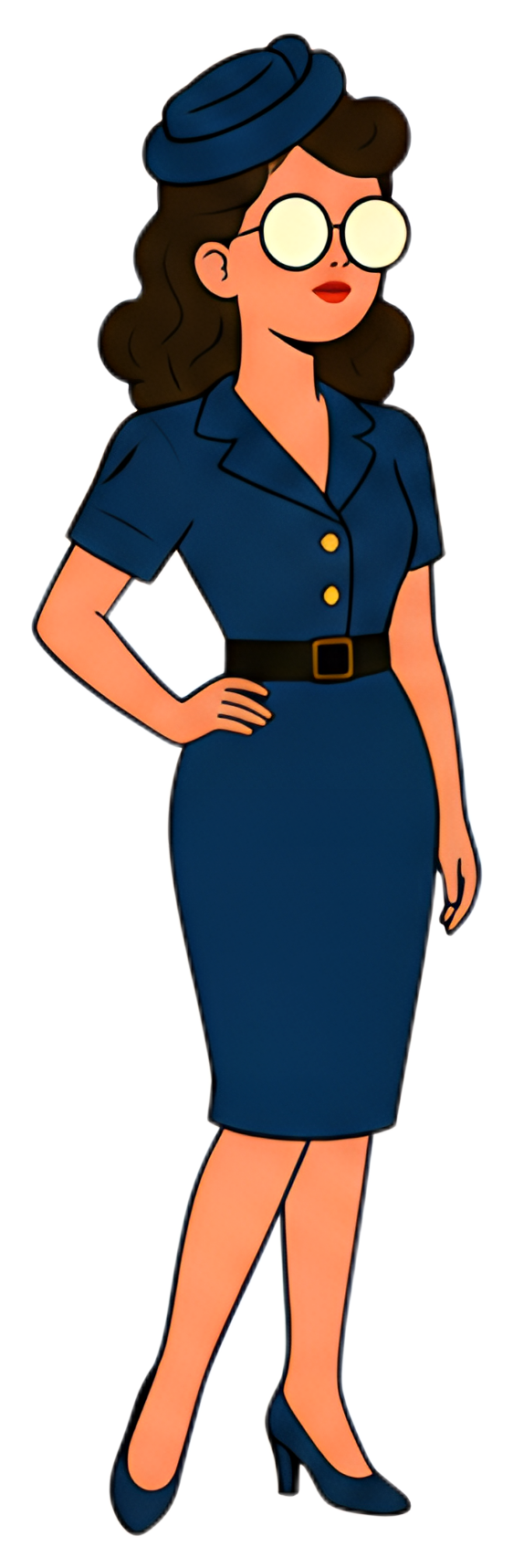A stylish woman from the 1940s stands confidently, featuring vintage waves styled to the side. She wears a navy pencil dress complemented by a matching pillbox hat and round glasses, along with high--