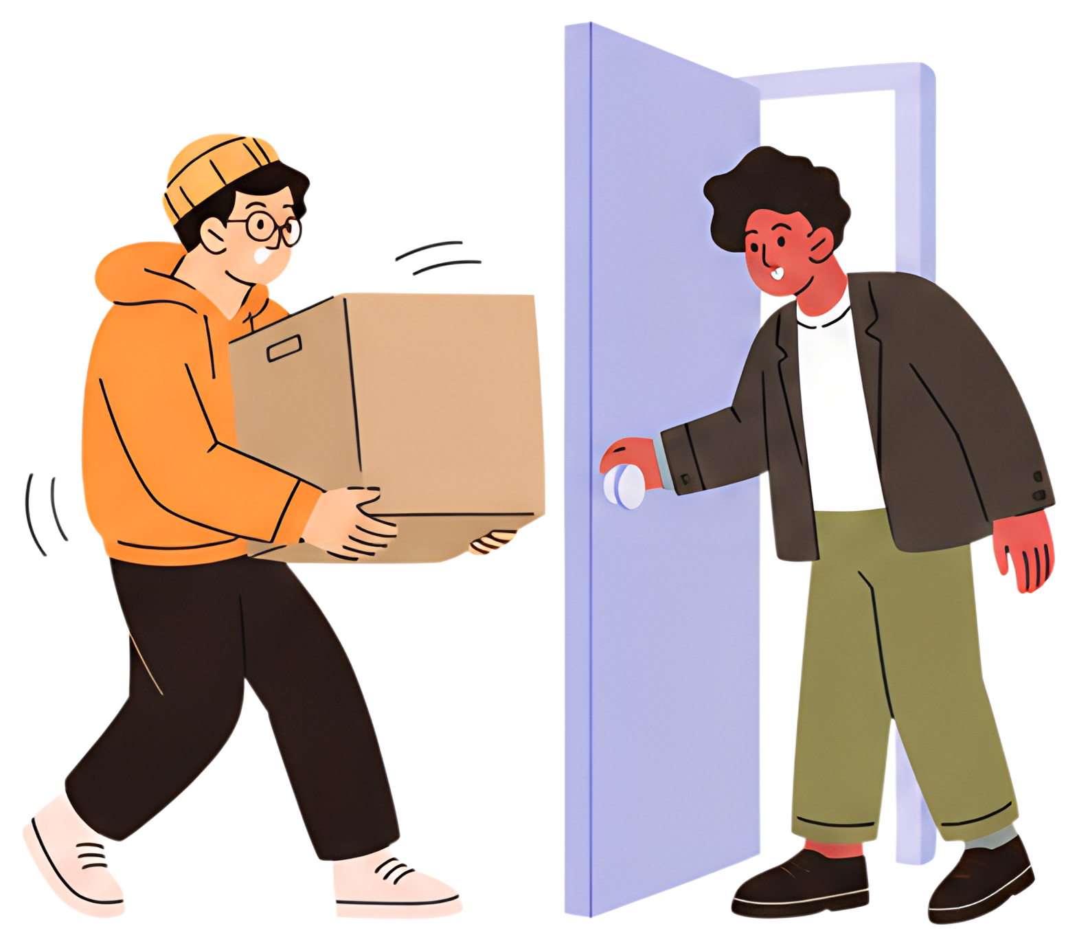 A character in an orange hoodie struggles to carry a heavy box while another person in casual attire holds a door open for him. The illustration features warm colors and a friendly atmosphere, with a