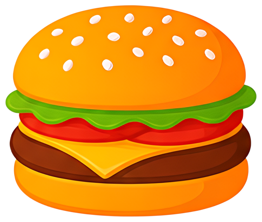 A vibrant cartoon-style burger showcasing a sesame seed top bun, layers of green lettuce, red tomato, a slice of yellow cheese, and a brown patty. The burger features an appealing and playful design,