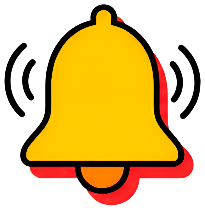 A vibrant yellow notification bell icon with a black outline and an orange clapper at the bottom. The bell is accented with red suggesting sound waves, depicting its notification function.