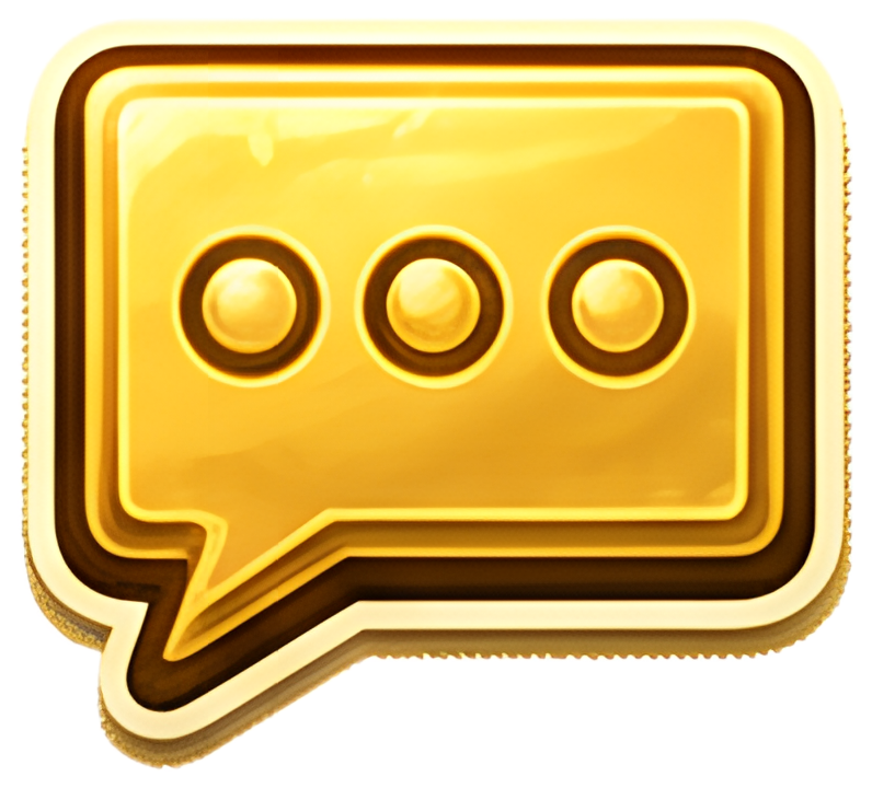 A glossy yellow speech bubble icon featuring three circular dots inside it, indicating a chat or message. The bubble has a modern, shiny appearance with brown accents around its edges.