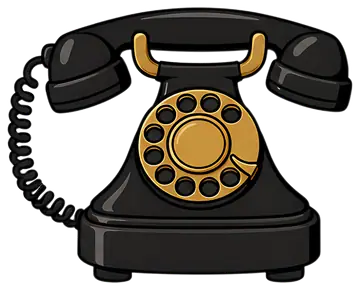 A vintage black rotary telephone features a shiny metallic dial with a gold finish and a classic receiver on a hook. The design highlights a glossy black body contrasting with the metallic details, ev