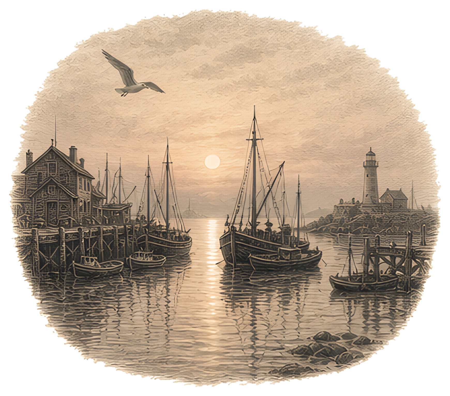 A tranquil harbor scene at sunrise features fishing boats reflected in calm waters, with a prominent lighthouse and a lone gull soaring overhead. The soft pink and golden shades of dawn create a misty