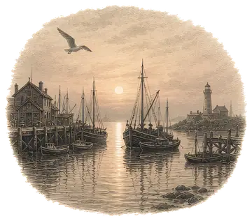 A tranquil harbor scene at sunrise features fishing boats reflected in calm waters, with a prominent lighthouse and a lone gull soaring overhead. The soft pink and golden shades of dawn create a misty