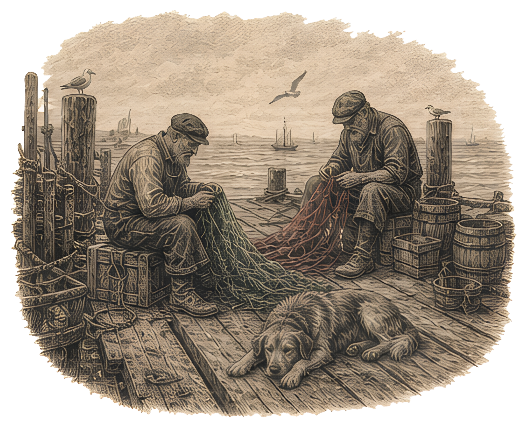 Two weathered fishermen sit on a sun-bleached wooden pier, focused on mending colorful nets. A brown dog rests nearby, completing the serene coastal scene with muted tones and subtle details of the se