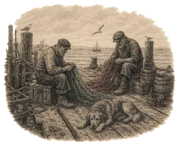 Fishermen Mending Nets on a Pier