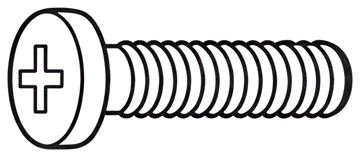 A simple line drawing of a machine screw displayed from the side, featuring a round head with a Phillips cross slot and a finely threaded shaft. The screw is outlined in black with a white background,