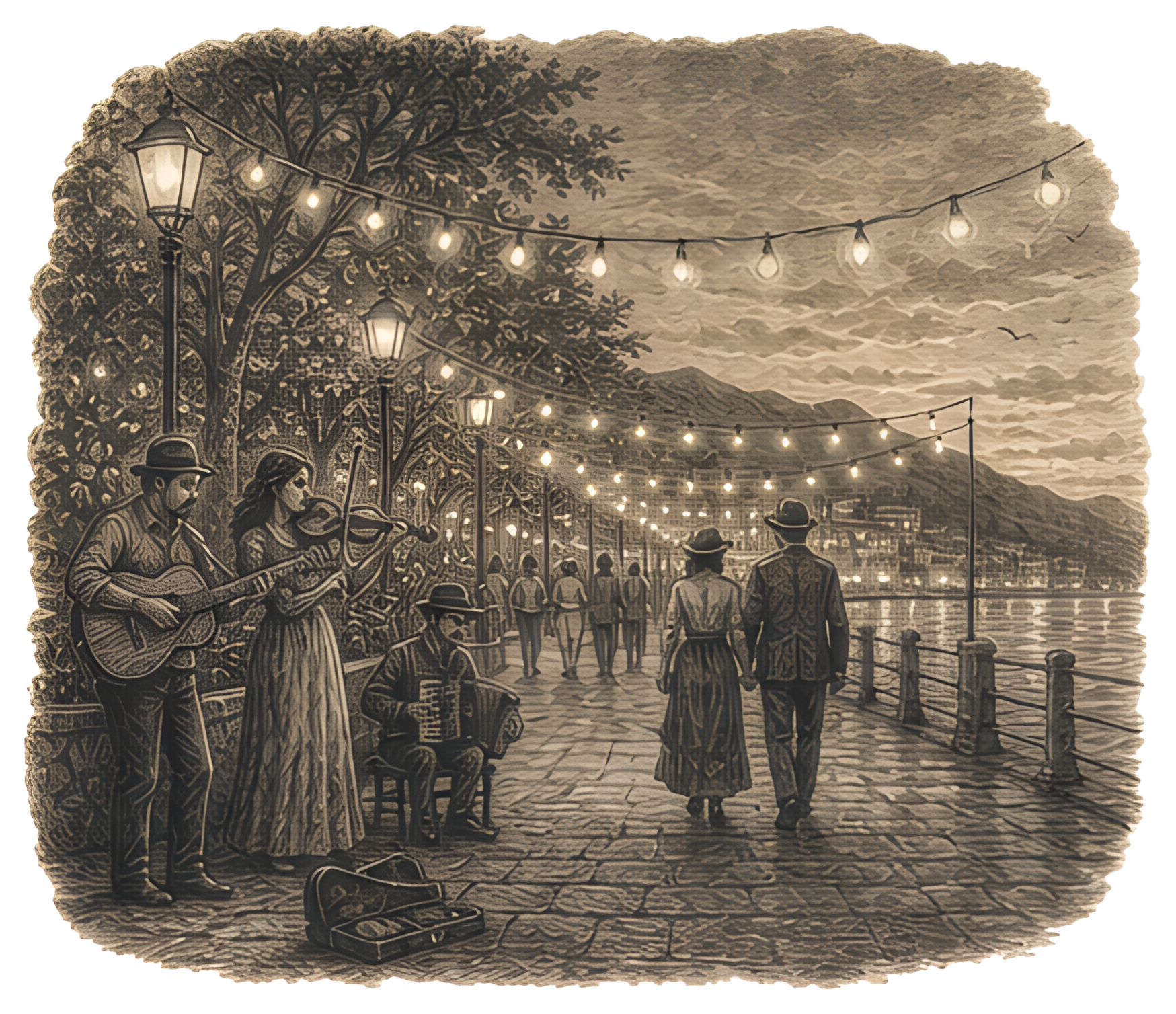Couples Walking by Waterfront with Musicians