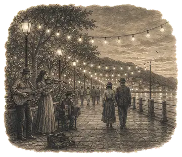 The scene depicts a golden-hour waterfront walkway adorned with glowing string lights. Couples stroll hand in hand, while street musicians entertain along the tree-lined path, creating a charming and~