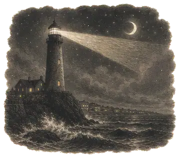 A towering lighthouse stands tall against a moonlit sky, its beam sweeping over dark, rolling waves. The warm lights from tiny windows of a nearby town create a cozy contrast to the chilly night scene
