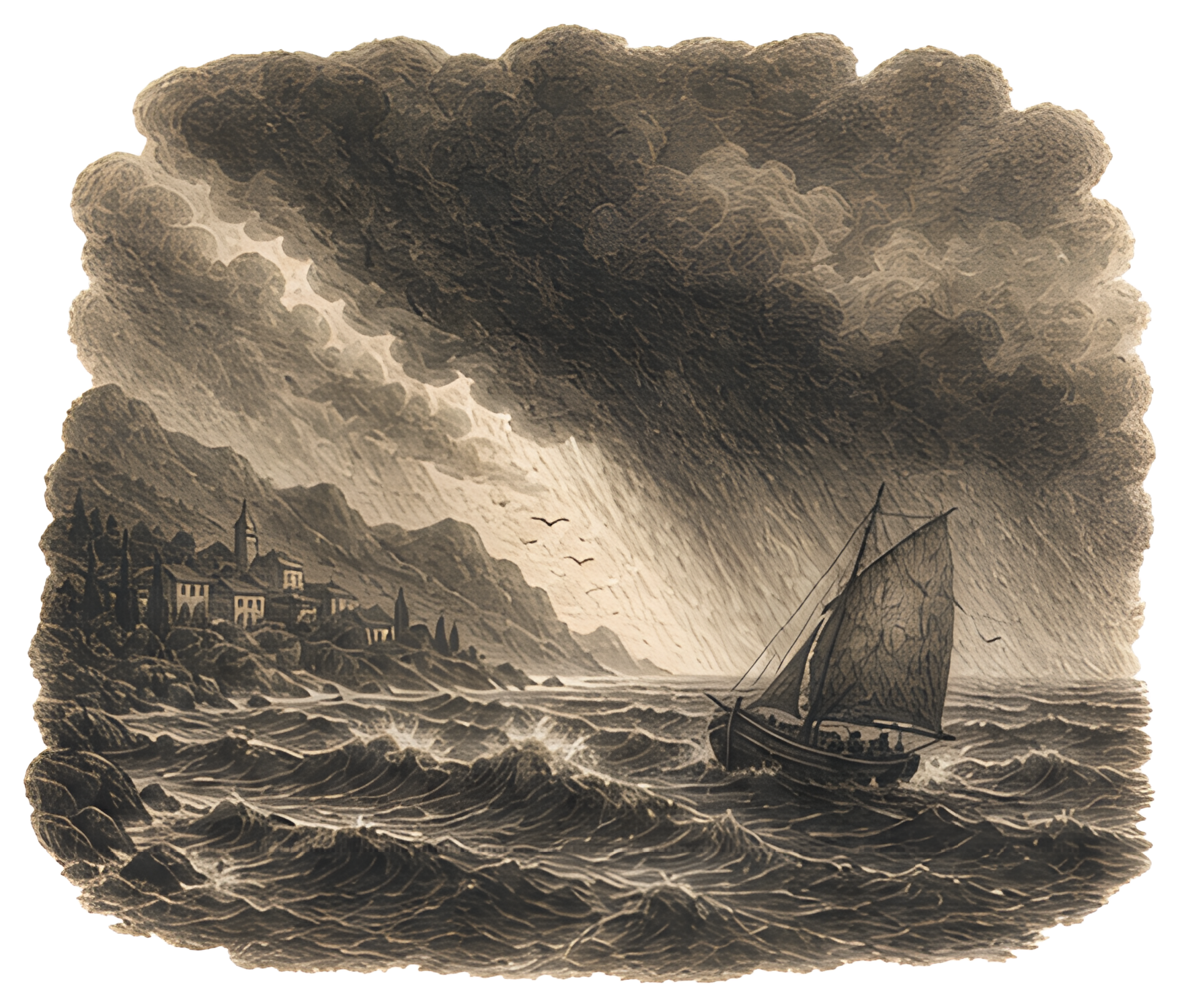 Heavy dark clouds loom over turbulent seas, with waves turning grey as a lone sailboat valiantly navigates the stormy waters. The coastline is faintly visible in the background, adding to the sense of