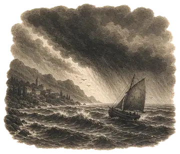Heavy dark clouds loom over turbulent seas, with waves turning grey as a lone sailboat valiantly navigates the stormy waters. The coastline is faintly visible in the background, adding to the sense of