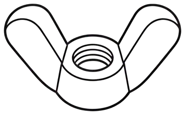 A stylized illustration of a wing nut viewed face-on, showcasing its two large, rounded protruding wings and the threaded hole in the center. The design is outlined in black with a simple, minimalist,