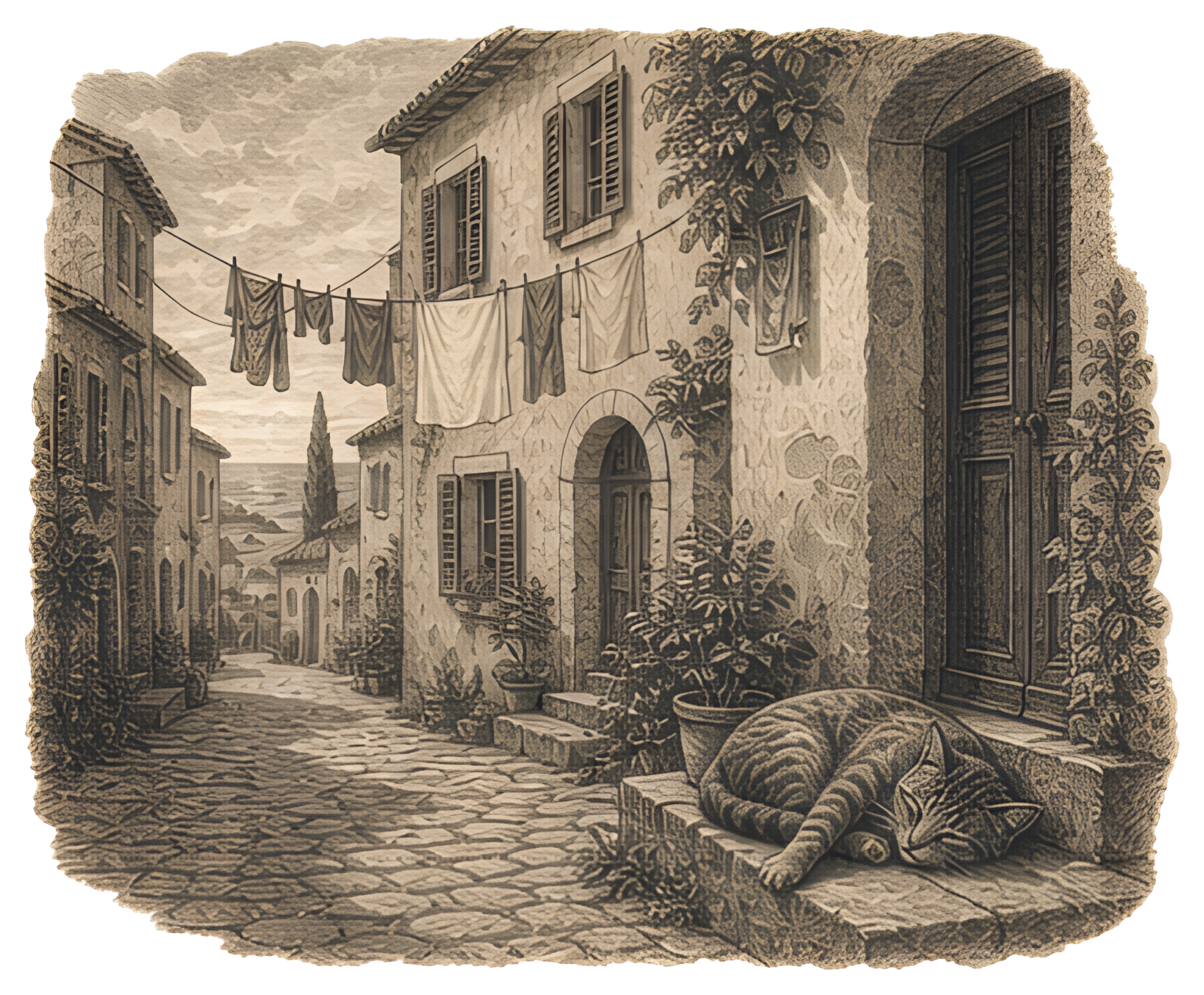 A peaceful cobbled street featuring pastel-colored houses with shuttered windows, where a cat sleeps on a warm doorstep. Laundry flutters gently on a line overhead, adding to the serene atmosphere of,